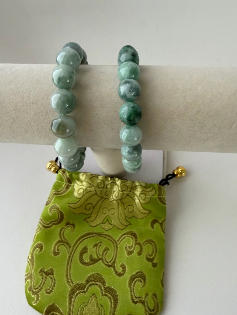 Authentic 2 Pieces Icy Floating Green Jade Beaded Bracelets - Picture 6 of 12